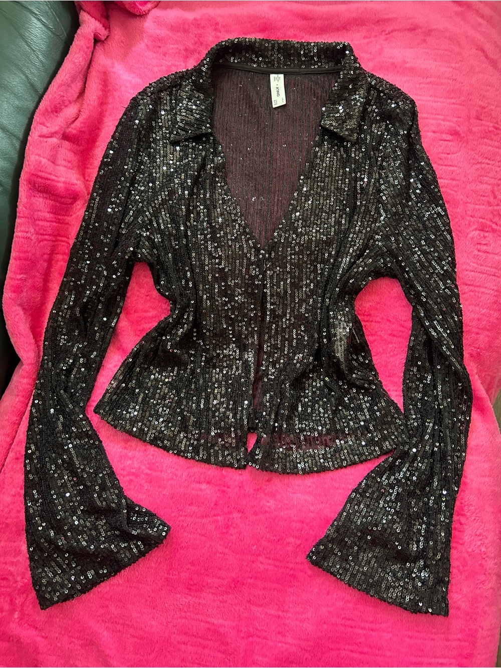 ‘ONLY’ Black Sparkly Sequined Open-Front Top